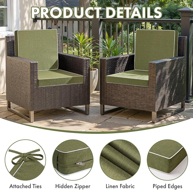 MIULEE Green Outdoor Chair Cushions Set of 4, 18.5x16x3 Inch Waterproof Patio Seat Cushions for Outdoor Furniture Couch Sofa, 3 Year Color Fastness High Density Foam with Adjustable Ties