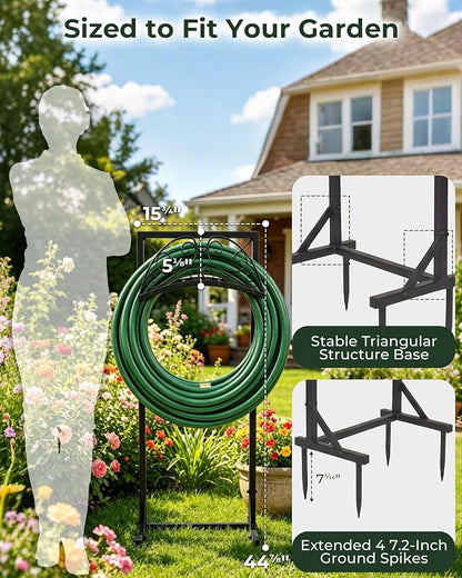 Garden Hose Holder Stand, Heavy Duty Freestanding Metal Rack | Reinforced Triangle Support, Dual Ground Stakes & Weather-Resistant Finish for Elegant Outdoor Storage