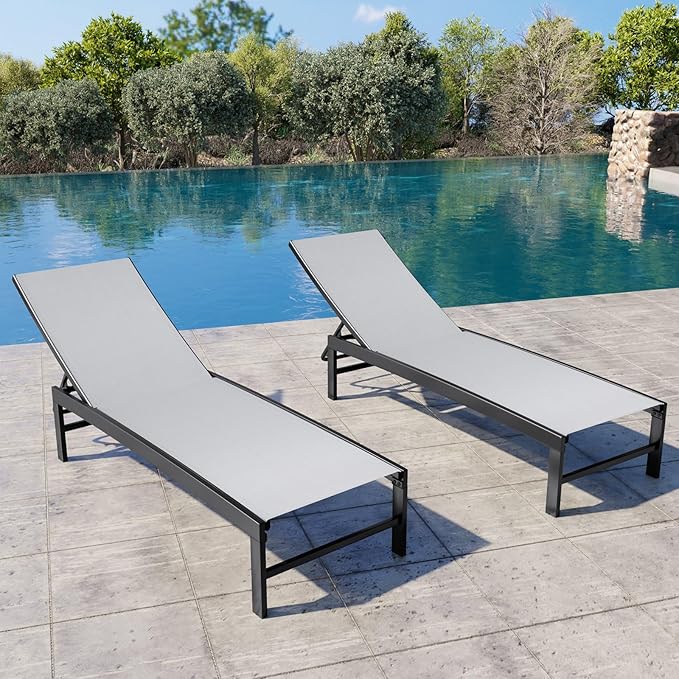Crestlive Products Chaise Lounge Chair Outdoor Set of 2, Adjustable 5 Positions Pool Lounge Chairs, Metal Tanning Recliner, Outdoor Furniture All Weather for Patio, Beach, Yard, Pool