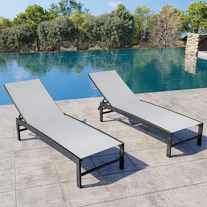 Crestlive Products Chaise Lounge Chair Outdoor Set of 2, Adjustable 5 Positions Pool Lounge Chairs, Metal Tanning Recliner, Outdoor Furniture All Weather for Patio, Beach, Yard, Pool