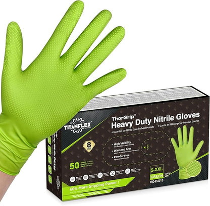 TitanFlex Heavy Duty Industrial Nitrile Gloves with Raised Diamond Texture, 8-mil, Latex Free (Green/Dark Green/Yellow)