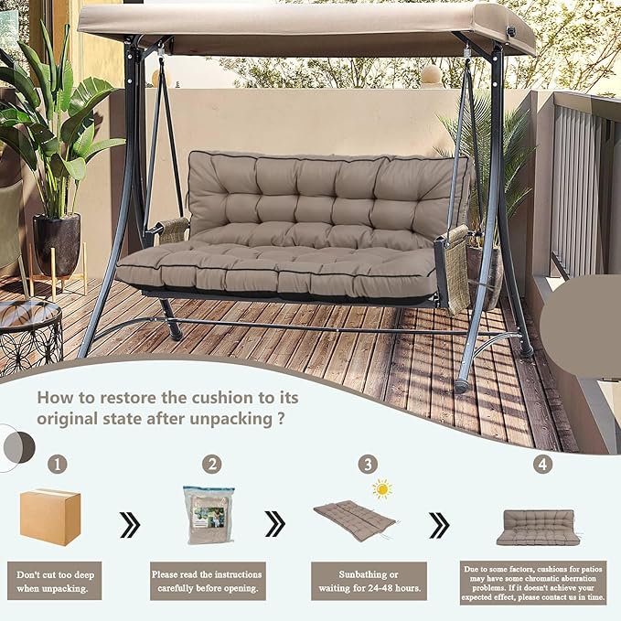 2/3 Seater Swing Replacement Cushion, Waterproof Porch Swing Cushions with Backrest, Thickened Bench Cushions for Outdoor Furniture, for Outdoor Patio Swing (Khaki, 55 * 40in)