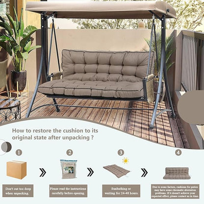 2/3 Seater Swing Replacement Cushion, Waterproof Porch Swing Cushions with Backrest, Thickened Bench Cushions for Outdoor Furniture, for Outdoor Patio Swing (Khaki, 55 * 40in)
