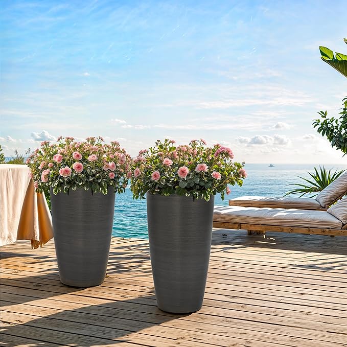 22.8" Large Planters Pot Set of 2 Flower Pots Tall Pots for Plants with Modern Handmade Brushed Metal Finish, Weather-Resistant for Indoor, Outdoor, Deck and Porch, Black