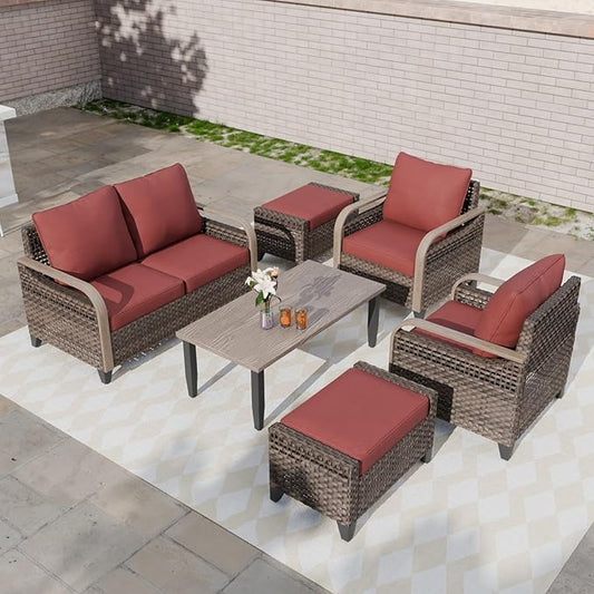 COOS BAY Modern Wicker Outdoor Furniture Set, Patio Conversation Set with Patio Chairs, 2 Seat Loveseat, Ottomans, and Coffee Table, 6 Piece, Brown/Red
