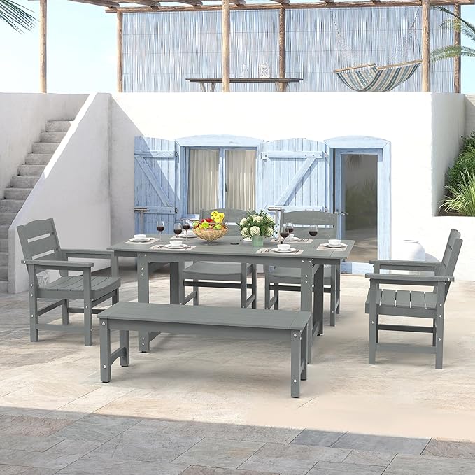 67" Outdoor Dining Table with Umbrella Hole, HIPS All-Weather Rectangular Patio Table for Outdoor/Indoor Use, Grey