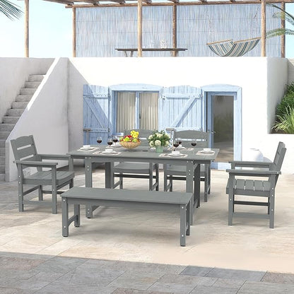 51" 2-Person Outdoor Bench, Weatherproof HIPS Patio Dining Bench Holds up to 800LBS, Poly Lumber Garden Bench with Wood Grains for Porch, Garden, Deck, Entryway, Grey