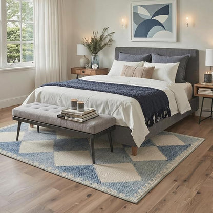 GENIMO Outdoor & Indoor Area Rug 5'x7', Waterproof, Non-Shedding, Easy Cleaning, Diamond Check Mat for Patio, Entryway, Porch, Living Room, Bedroom, Outside Carpet, Dusty Blue