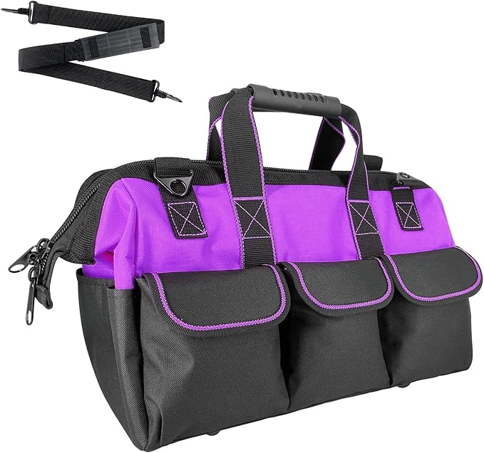 Women Heavy Duty Tool Bag with Molded base,Garden Storage Organizer for Tools,16 x 7.5 x 10.5 inches,600D Polyester Fabric (Purple)