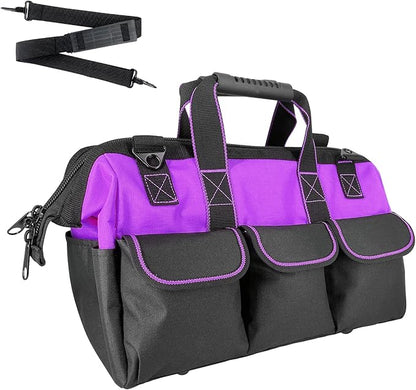 Women Heavy Duty Tool Bag with Molded base,Garden Storage Organizer for Tools,16 x 7.5 x 10.5 inches,600D Polyester Fabric (Purple)