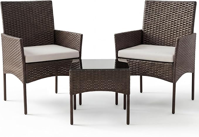 Sweetcrispy 3 Piece Patio Furniture Set, All-Weather Outdoor Conversation with Removable Cushions & Tempered Glass Table, Small Wicker Bistro Set for Balcony, Porch, Backyard, Deck, Brown