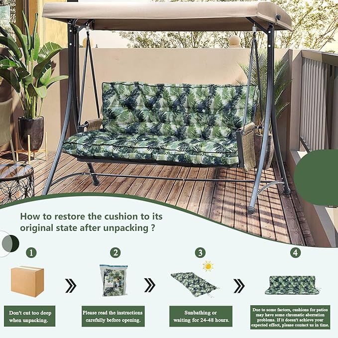 2/3 Seater Swing Replacement Cushion, Waterproof Porch Swing Cushions with Backrest, Thickened Bench Cushions for Outdoor Furniture, for Outdoor Patio Swing (Palm Leaves, 63 * 40in)