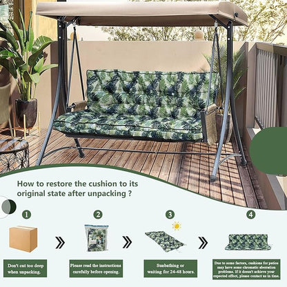 2/3 Seater Swing Replacement Cushion, Waterproof Porch Swing Cushions with Backrest, Thickened Bench Cushions for Outdoor Furniture, for Outdoor Patio Swing (Palm Leaves, 63 * 40in)