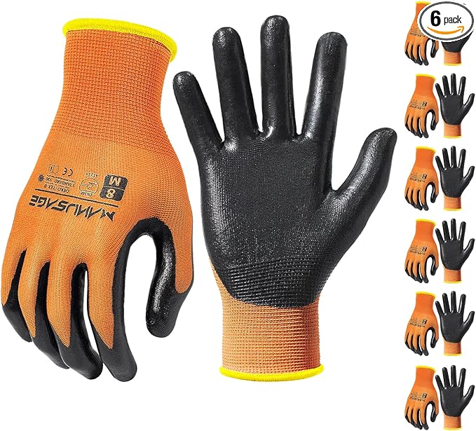 Safety Work Gloves Nitrile For Men and Women, with Touchscreen Fingers, Men's Work Gloves with Grip, Mechanics Gloves (Size XL, Orange, 6-pairs)