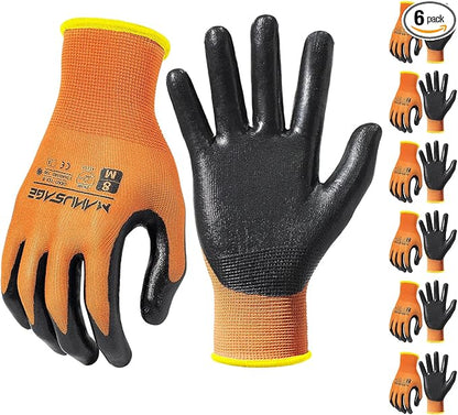 Safety Work Gloves Nitrile For Men and Women, with Touchscreen Fingers, Men's Work Gloves with Grip, Mechanics Gloves (Size XL, Orange, 6-pairs)