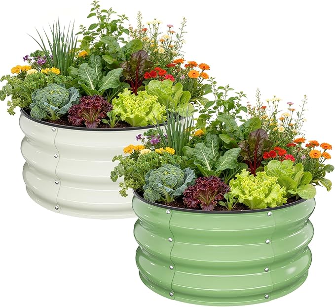 Galvanized Raised Garden Bed 2pcs 2×2×1 FT, Round Metal Raised Garden Bed Outdoor Planter Box with Open Bottom, Rust-Resistant Steel Garden Bed for Vegetables Herbs Flowers, Easy Assembly