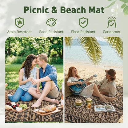 MontVoo-Outdoor Rug Carpet Waterproof 5x8 ft Reversible Patio Rug RV Camping Rugs Plastic Straw Outside Indoor Outdoor Area Rugs for Patio Deck Balcony Picnic Beach Outdoor Decor Boho Black Brown