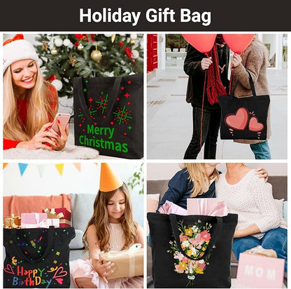 Segarty Black Canvas Tote Bag, 3 Packs 16x15 inch Canvas Bags with Zipper, 12Oz Heavy Duty Reusable Washable Grocery Shopping Bag with Handle, Blank Cotton Bags for Kids DIY Crafts Painting Bulk