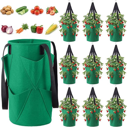 SATINIOR 10 Pack Upside Down Strawberry Planter Set Hanging Vegetables Grow Bags with 10 S Hooks, 3 Gallon Fabric Planting Bags for Easy Vertical Gardening(Deep Green)