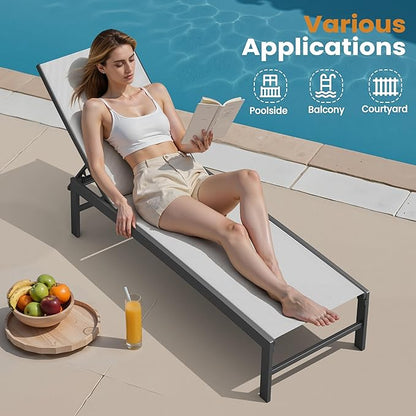 Crestlive Products Chaise Lounge Chair Outdoor Set of 2, Adjustable 5 Positions Pool Lounge Chairs, Metal Tanning Recliner, Outdoor Furniture All Weather for Patio, Beach, Yard, Pool