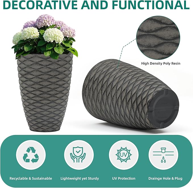 19" H Coastal Planter for Indoor/Outdoor Plants, Set of 2 Large Flower Pot with Drainage Hole, Weather-Resistant Resin Planters for Garden Patio Porch Home Office Decor, Rustic Black Wavy