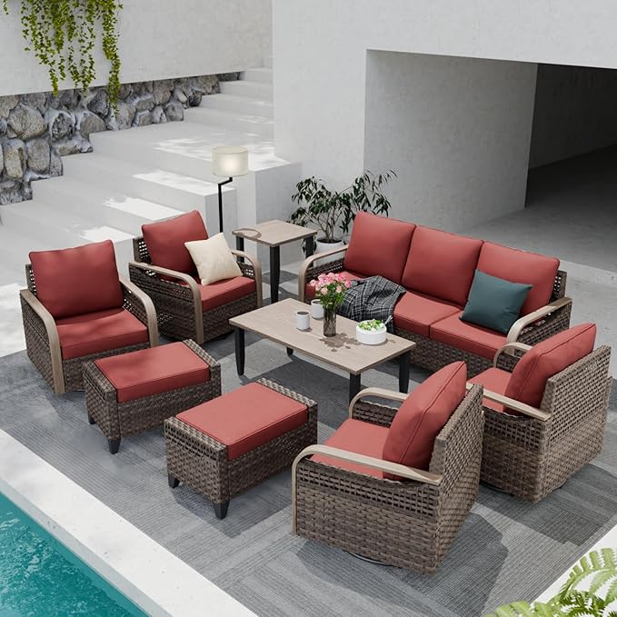 COOS BAY Modern Wicker Outdoor Furniture Set, Patio Conversation Set with 4 Swivel Rockers, 3 Seat Couch, Ottomans, Coffee Table and Side Table, 9 Piece, Brown/Red