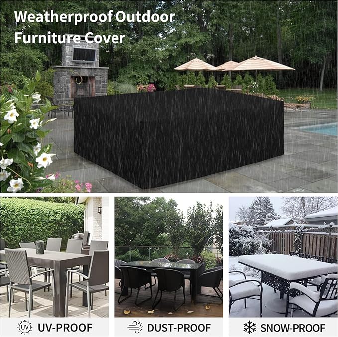 Easy-Going 600D Heavy Duty Patio Furniture Cover, Outdoor Rectangular Table and Chair Set Cover, Waterproof Outdoor Sectional Set Cover (111"L x 74"W x 28"H, Black)