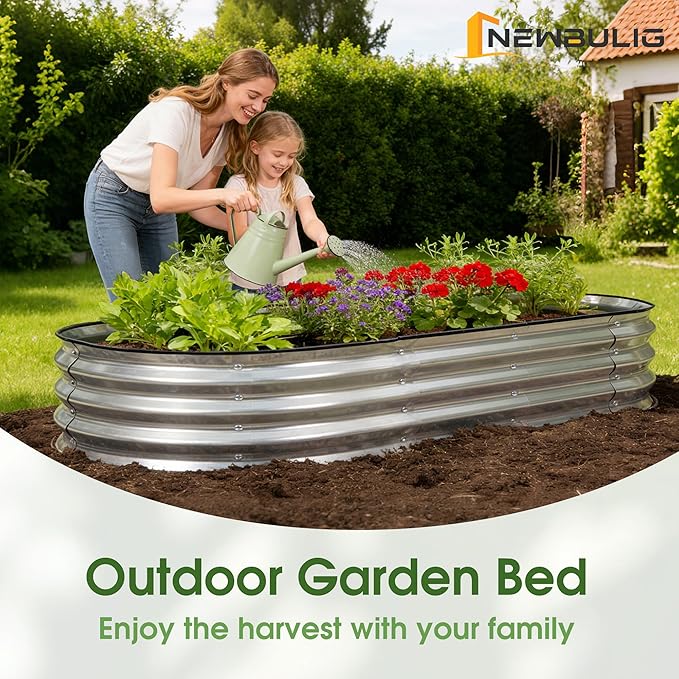 NEWBULIG Heavy-Duty Galvanized Oval Raised Garden Bed for Outdoor, Metal Planter Box with Open Base, Easy Assembly with Safe Edges for Vegetables/Flowers/Herbs