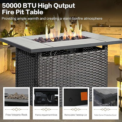 7 Pieces Outdoor Patio Furniture Conversation Set Rattan Wicker with Fire Pit Table, 3 Seat Sofa, 2 Swivel Rocker Chairs, 2 Ottomans and 1 Side Table for Yard Backyard BNB (Brown/Navy Blue)