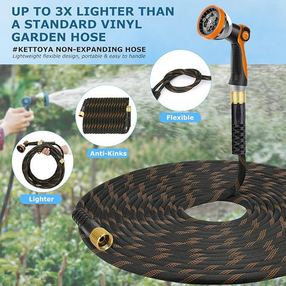 Non-Expanding Garden Hose 100 ft, Kink Free Flexible Water Hose with 10-Pattern Spray Nozzle, Lightweight Hose Pipe, Leak Proof, 3/4" Swivel Connectors, Super Fabric, Portable Storage Strap