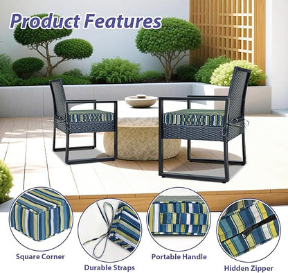 IPYNBAP Outdoor Chair Cushions Set of 4 -Waterproof Outdoor Seat Cushions for Patio Furniture, Patio Chair Cushion with Handle and Ties, Out Door Chair Pads,17x16x2-Square, Blue Stripe