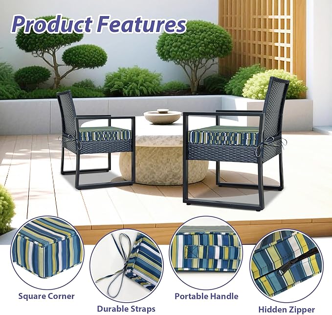 Outdoor Chair Cushions Set of 4,Waterproof Outdoor Seat Cushions for Patio Furniture,Patio Chair Cushion with Handle and Ties, Out Door Chair Pads,18.5" x 16" x 3", Blue Stripe