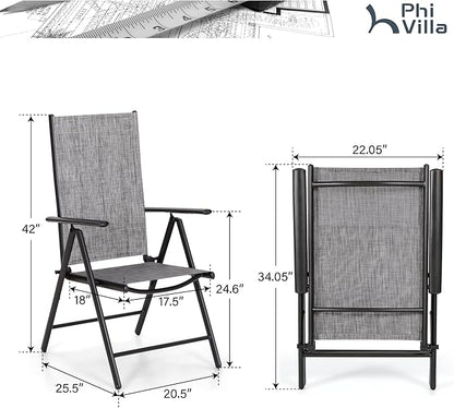 PHI VILLA Patio Folding Chairs Set of 4, Portable Outdoor Dining Chairs with Adjustable Backrest for Outside, Garden, Lawn & Yard, No Assembly, Grey