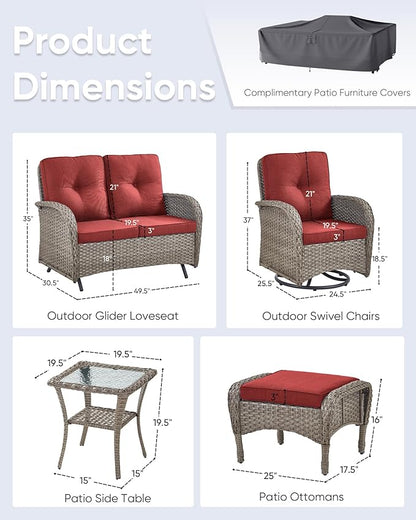 6 Pieces Patio Wicker Furniture Set-Outdoor Swivel Chairs Set of 2 Outdoor Glider Love seat with Outdoor Footstool Patio Furniture for Deck Porch Garden Balcony Poolside-Grey/Red