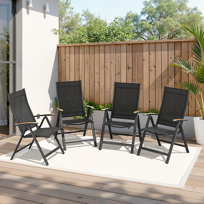 Crestlive Products Folding Patio Chairs Set of 6, 8-Level Adjustable Outdoor Recliner Chairs with Teak Armrest Aluminium Frame for Pool, Backyard, Black