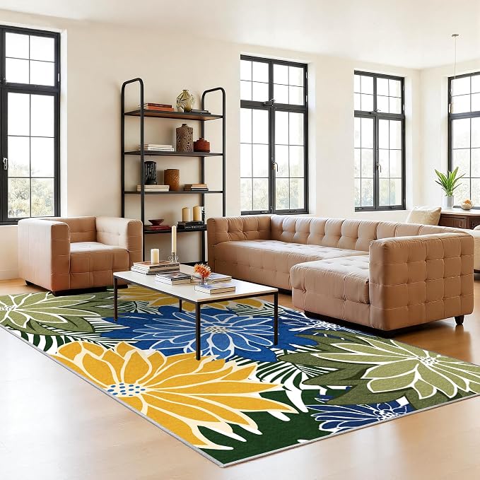 ZonLi Colorful Outdoor Rug 8x10Ft Waterproof Multicolored Indoor Area Rug Washable Outdoor Patio Rugs Tropical Floral Non Slip Outdoor Carpet for Living Room, Pool,Backyard,Deck,Camping