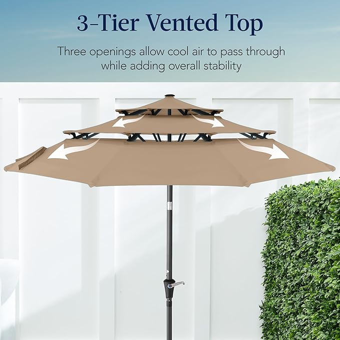 Best Choice Products 10ft 3-Tier Market Patio Umbrella, Outdoor Sun Shade with Tilt, Crank Lift, 8 Ribs for Backyard, Deck, Poolside – Tan