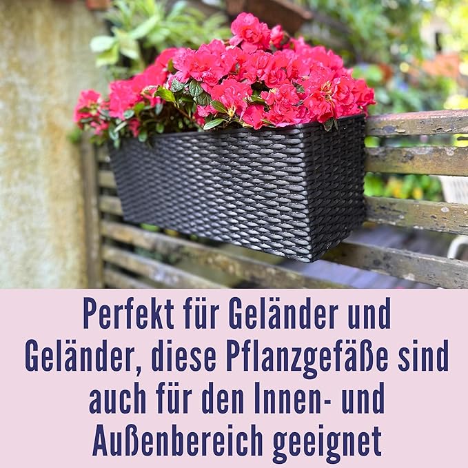 LaLaGreen Outdoor Rail Planter for Balcony (20 Inch, 2 Pack) Large Black Self Watering Deck Railings Planters with Brackets, Rectangular Plastic Fence Flower Box Designer Choice with Rattan Pattern
