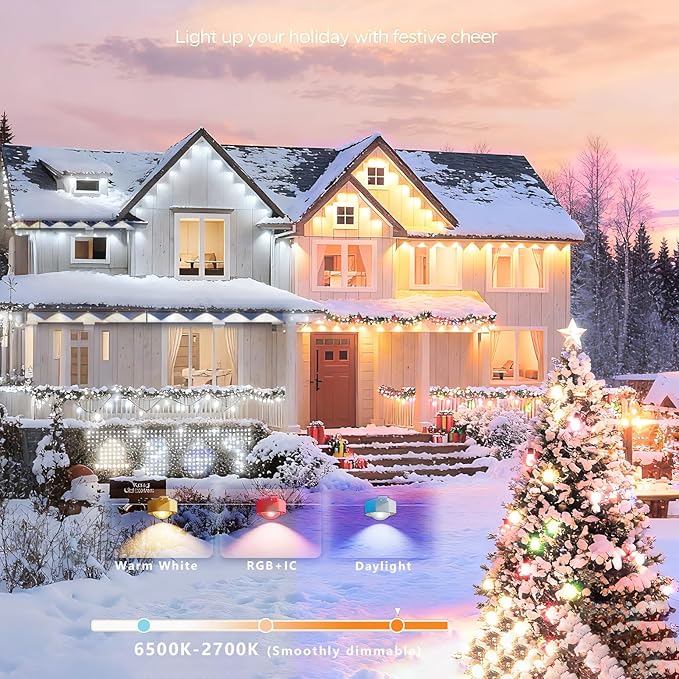 Permanent Christmas Outdoor Lights for House, 100ft RGB+IC and Tunable White Warm to Cool Color Changing Exterior Lighting, IP67 72 LED Eave Lights for Holiday, Christmas, Daily Lighting