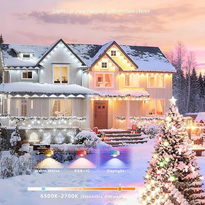 Permanent Christmas Outdoor Lights for House, 100ft RGB+IC and Tunable White Warm to Cool Color Changing Exterior Lighting, IP67 72 LED Eave Lights for Holiday, Christmas, Daily Lighting