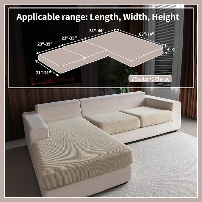 OHSIO Sectional Couch Covers, Wear Resistant Stretch Sofa Covers Washable Soft Couch Cushion Covers Anti Slip Furniture Protector Sofa Slipcovers for Pets(3 Pieces 2 Seaters+1 Chaise, Light Brown)