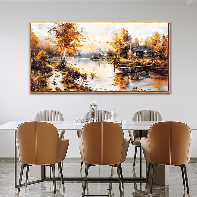 QIYILEXWART Canvas Wall Art For Living Room Large Wall Decor For Office Bedroom Decorations Lakeside Cabins Autumn Landscape Pictures Farmhouse Painting Artwork Room Wall Mural Home Decor 30x60 In