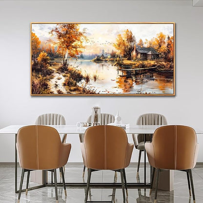 QIYILEXWART Large Wall Decor For Living Room Canvas Wall Art For Office Modern Wall Decorations For Bedroom Lakeside Cabins Autumn Landscape Painting Farmhouse Pictures Artwork Home Decor 24x48