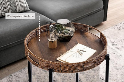 19in Round Rattan Side Table with Wooden Tray，Small Round Wicker Wooden End Table，Rattan End Table for Indoor Use, Living Room, Bedroom, Office, Balcony-Brown
