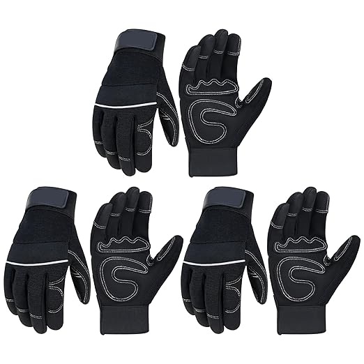 HANDLANDY Work Gloves Mens & Women 3 Pairs, Utility Safety Mechanic Working Gloves Touch Screen, Flexible Breathable Yard Work Gloves (Large, Black)