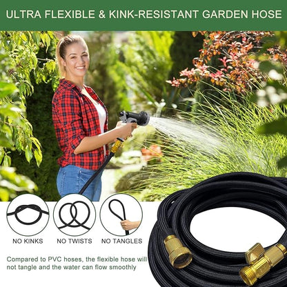 Garden Hose Non-Expandable 100 ft, Lightweight Flexible Water Hose with 10 Function Spray Nozzle, Outdoor Leak Proof, Kink-Free, Portable Hose for Yard, Lawn, Camper, High-Density Fabric, Black Grey