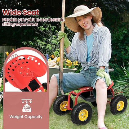 Goplus Garden Seat with Wheels, Rolling Garden Cart with Adjustable 360° Swivel Seat, Tool Tray, Basket for Lawn, Yard, Patio, Heavy Duty Gardening Stool, Outdoor Wagon Scooter for Seniors