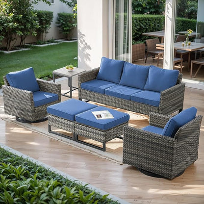 Wicker Outdoor Patio Furniture Set - 6 Piece Patio Conversation Set with 2 Swivel Rocker Chairs,2 Rattan Ottoman,1 Couch and 1 Metal Side Table for Outside Porch Deck Backyard(Mixed Grey/Blue)