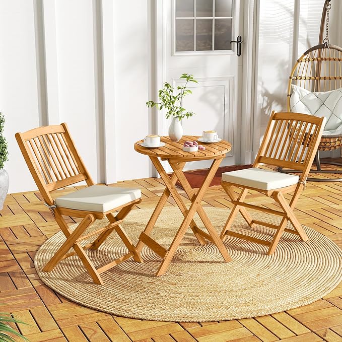 Tangkula 3 Pieces Acacia Wood Patio Folding Bistro Set, Outdoor Table and Chairs Set with Soft Cushions, Patio Furniture Set for Porch, Balcony, Garden, Deck and Backyard