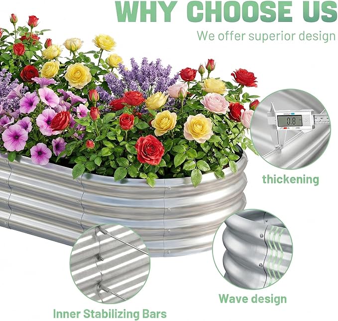 AHEONLAR 3 Pack 6×3×1ft Galvanized Raised Garden Bed, Oval Metal Garden Bed Planter Boxes Outdoor, Durable Raised Garden Beds Outdoor for Vegetables, Flowers, Silver